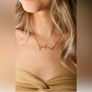 Gold tone yeehaw cursive scripture country western cowgirl rodeo necklace